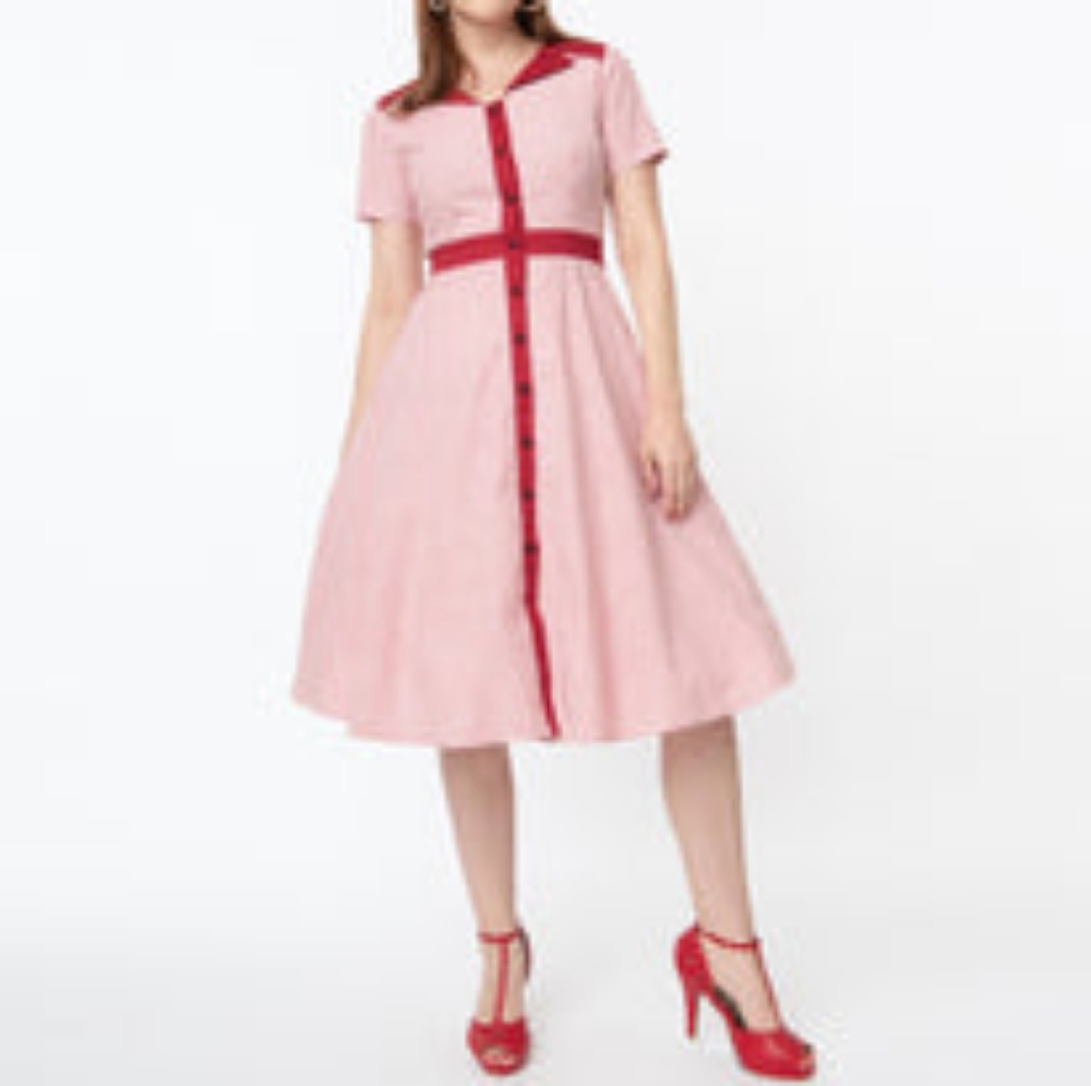 Magnolia Place 1950s Style Red & White Stripe Button Up Swing Dress - Large